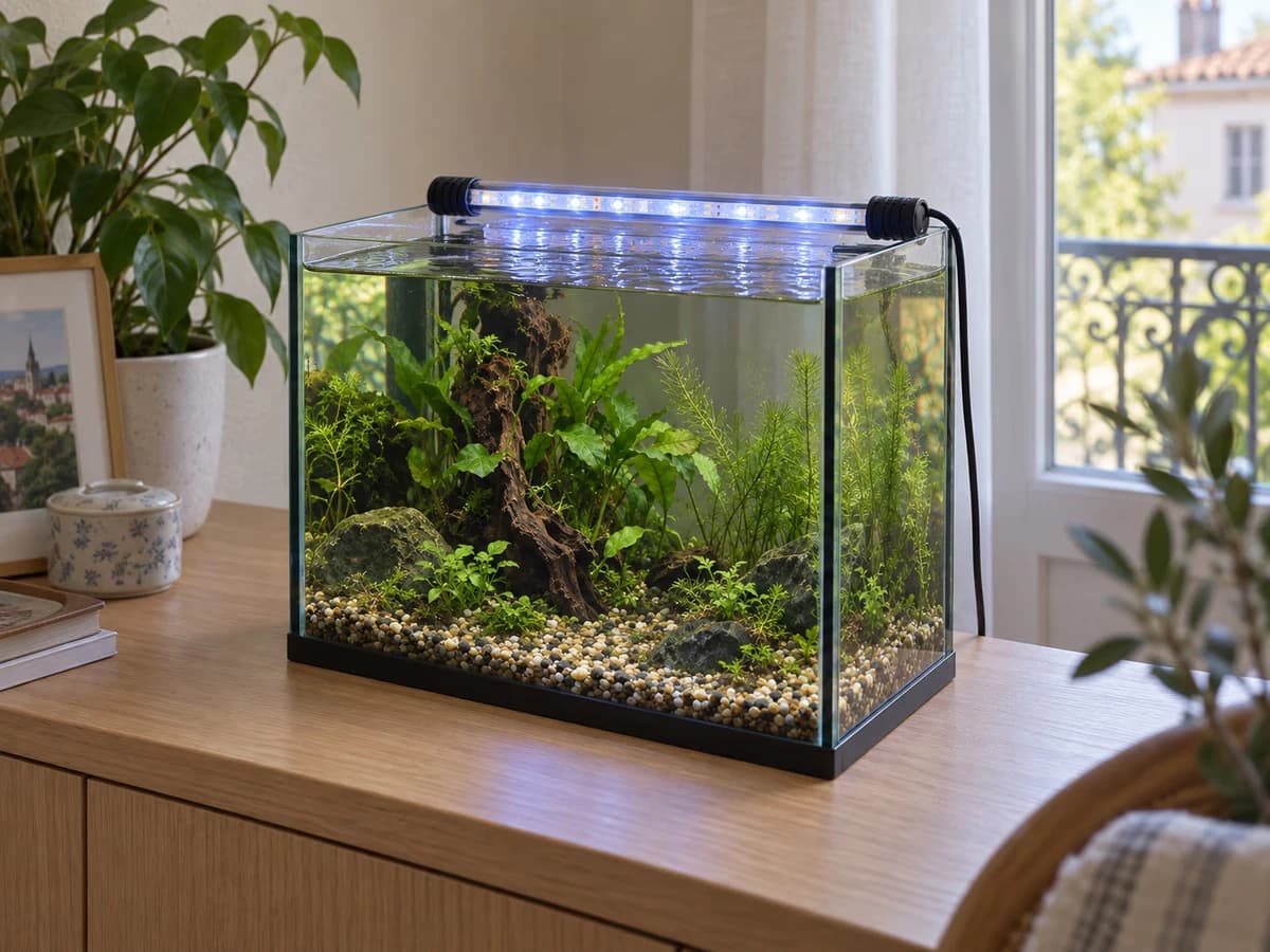 Nano bac d'eau douce planté éclairé par une barre LED bleu-blanc posée sur ses rebords, sur un meuble en chêne clair près d'une fenêtre