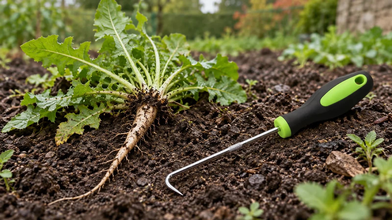 Pissenlit arraché posé sur une terre humide, racine pivotante entière encore garnie de sa motte, près d'un crochet extracteur