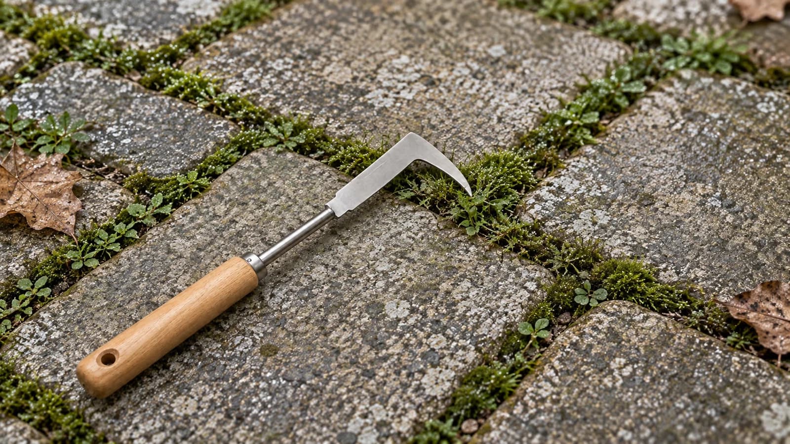 Terrasse en dalles de pierre à l'ombre, tapis de mousse vert foncé comblant les joints de sable, rosée du matin, sans personne