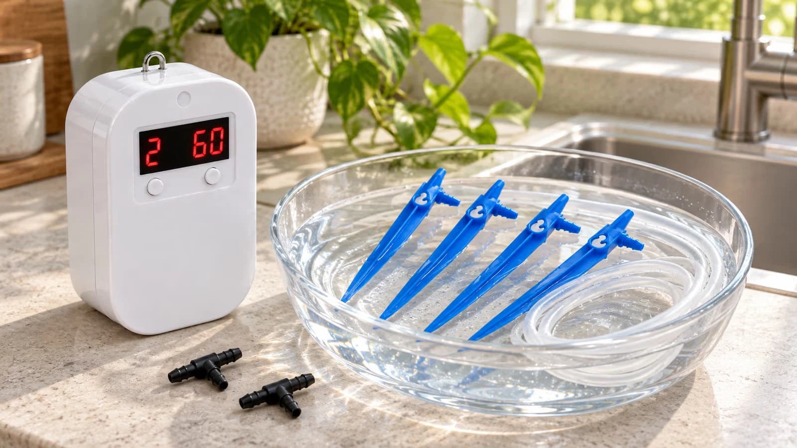 Boîtier blanc d'arrosage sur un plan de travail, goutteurs bleus et tuyau silicone rincés dans une bassine d'eau claire