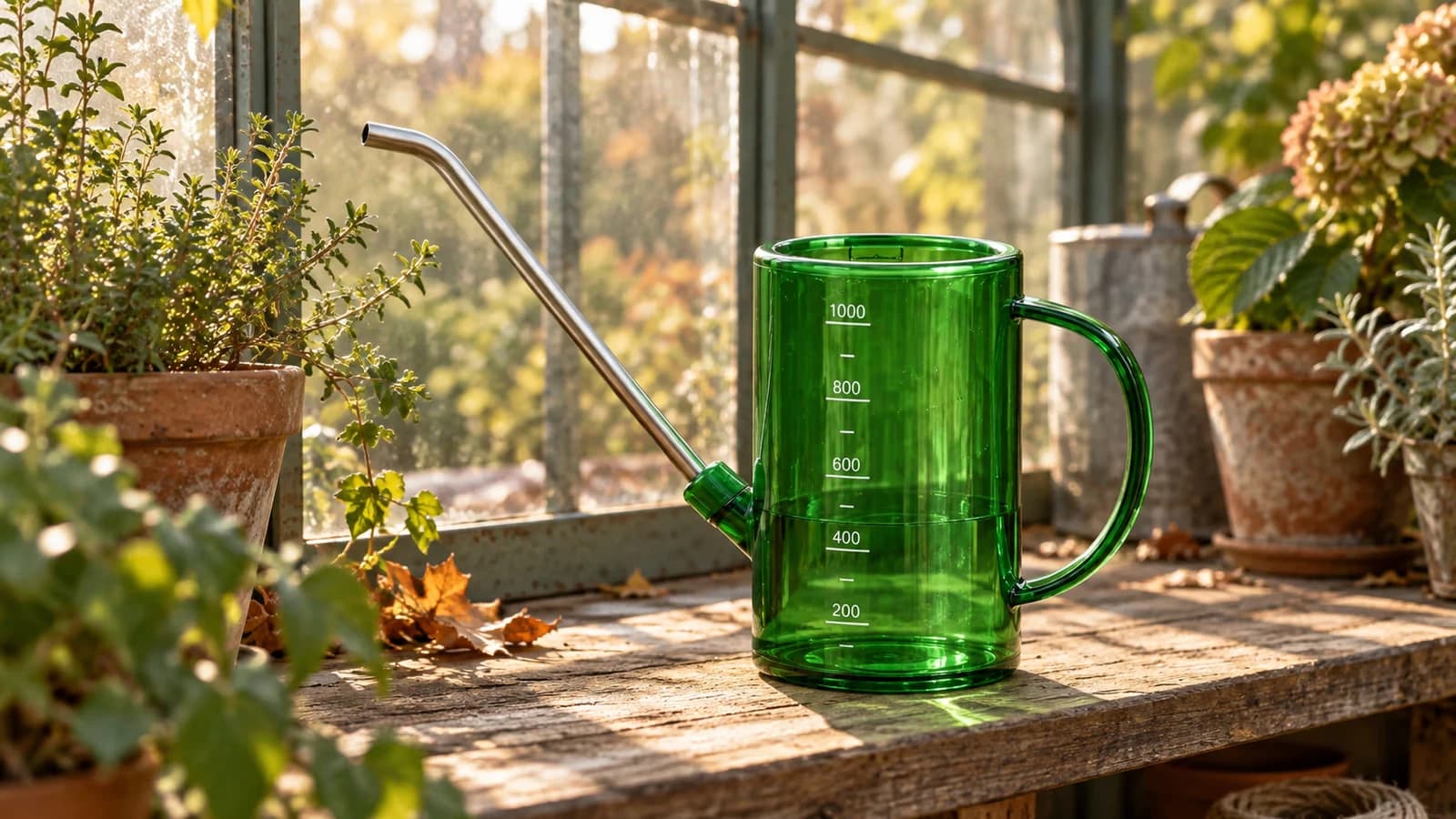 Arrosoir vert à long bec inox posé sur une étagère de serre, lumière douce de fin de journée