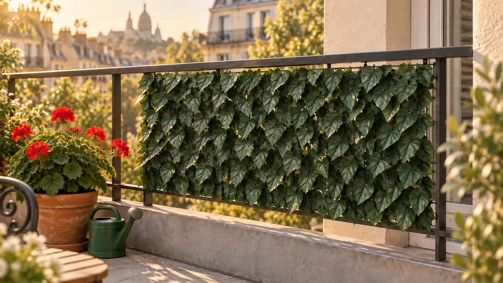 Panneau de feuillage vert foncé accroché à un garde-corps de balcon, feuilles légèrement empoussiérées au premier plan, lumière rasante de fin d'après-midi