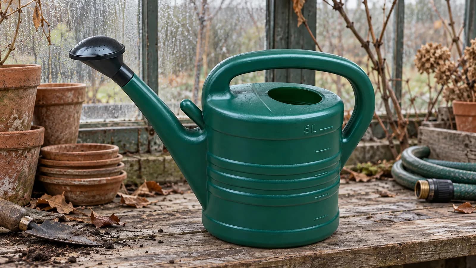 Arrosoir de 5 litres vert foncé posé sur une tablette de serre en fin d'automne, bec long et pomme noire, pots vides derrière