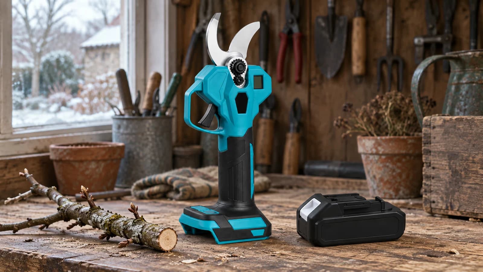 Sécateur électrique bleu et noir posé sur un établi de bois, lame ouverte, branche de pommier fraîchement coupée à côté