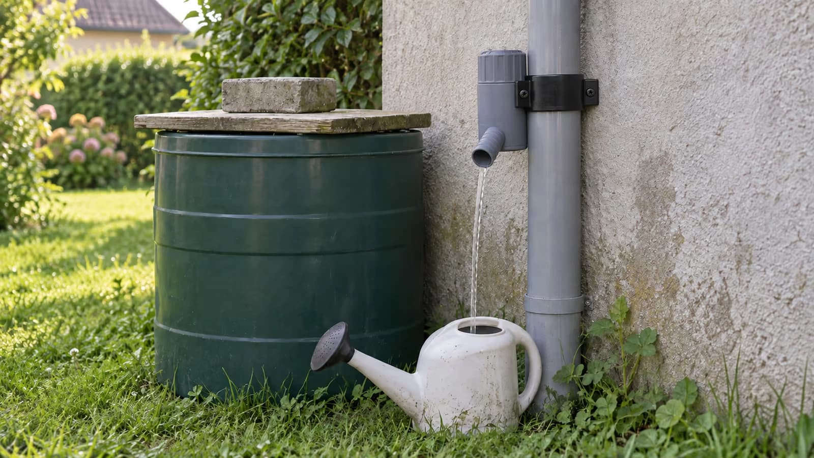 Collecteur d'eau de pluie gris fixé sur une descente de gouttière, au-dessus d'un bidon couvert posé au pied d'un mur