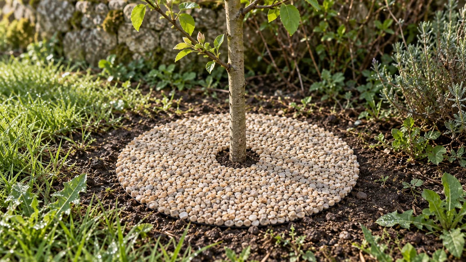 Disque de toile noire posé au pied d'un jeune arbre, recouvert d'une fine couche de gravier clair, fente rabattue contre le tronc au printemps