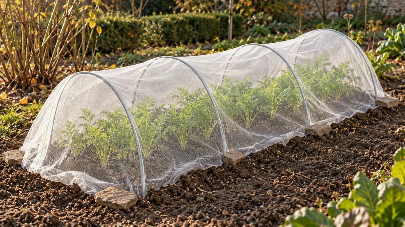 Tunnel de filet blanc tendu sur des arceaux bas au-dessus d'un rang de carottes, lumière rasante d'automne dans un potager