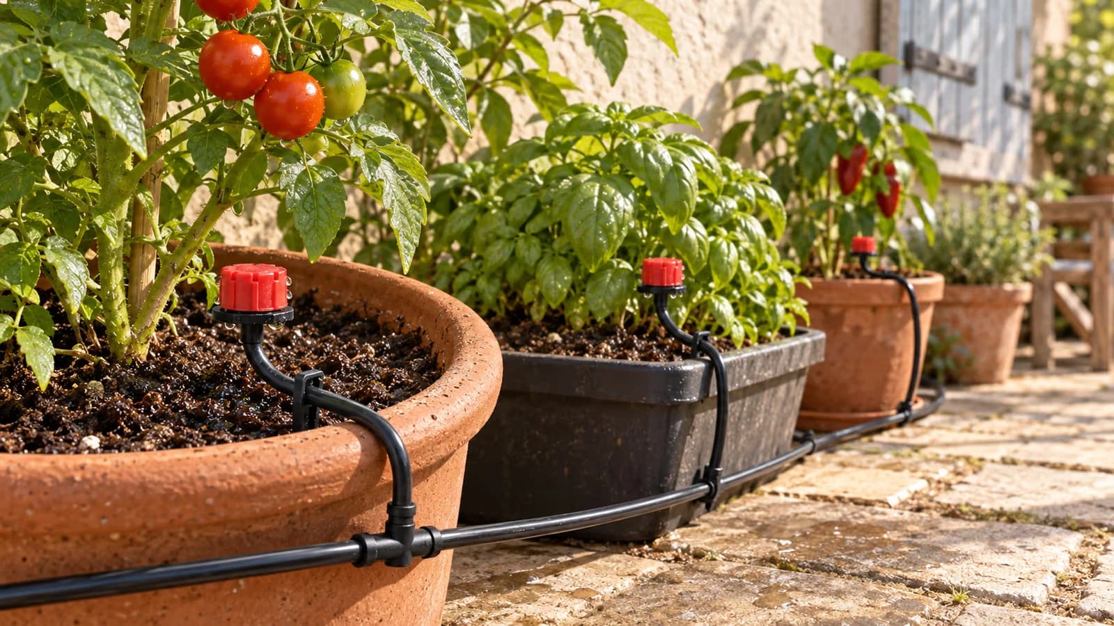 Réseau de micro-irrigation déroulé le long de jardinières sur une terrasse, tuyau noir et goutteurs rouges plantés dans le terreau au pied des plants