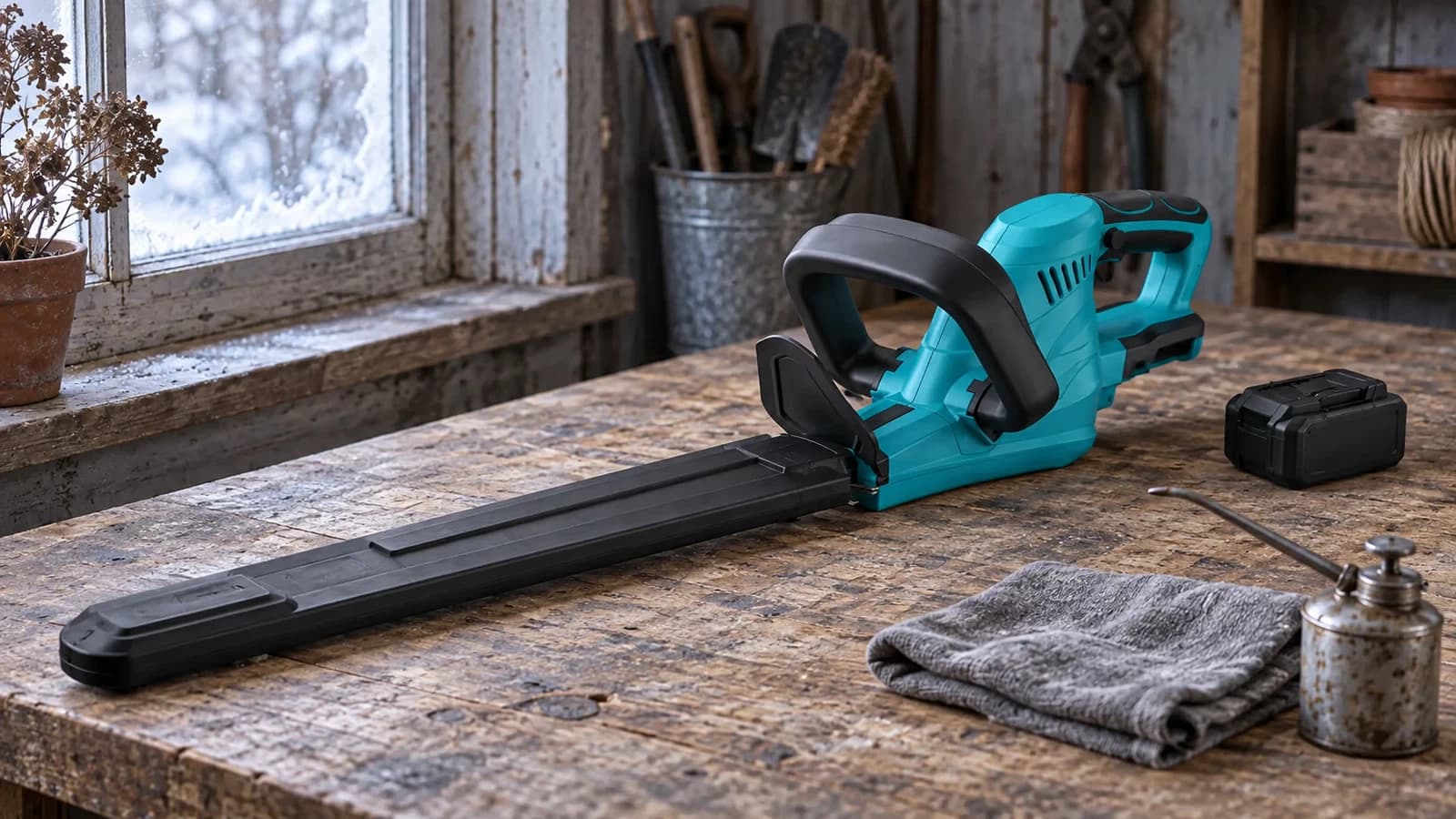Taille-haie sans fil posé sur un établi en bois, protège-lame en place, chiffon et burette d'huile fine à côté