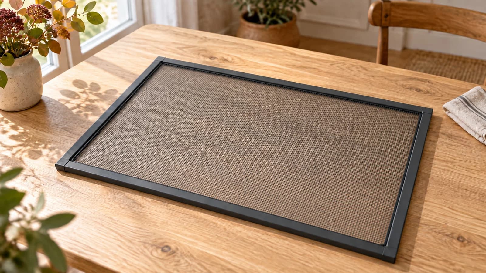 Panneau de moustiquaire à tulle noir posé à plat sur une table en bois clair, cadre profilé et maille tendue révélés par une lumière rasante