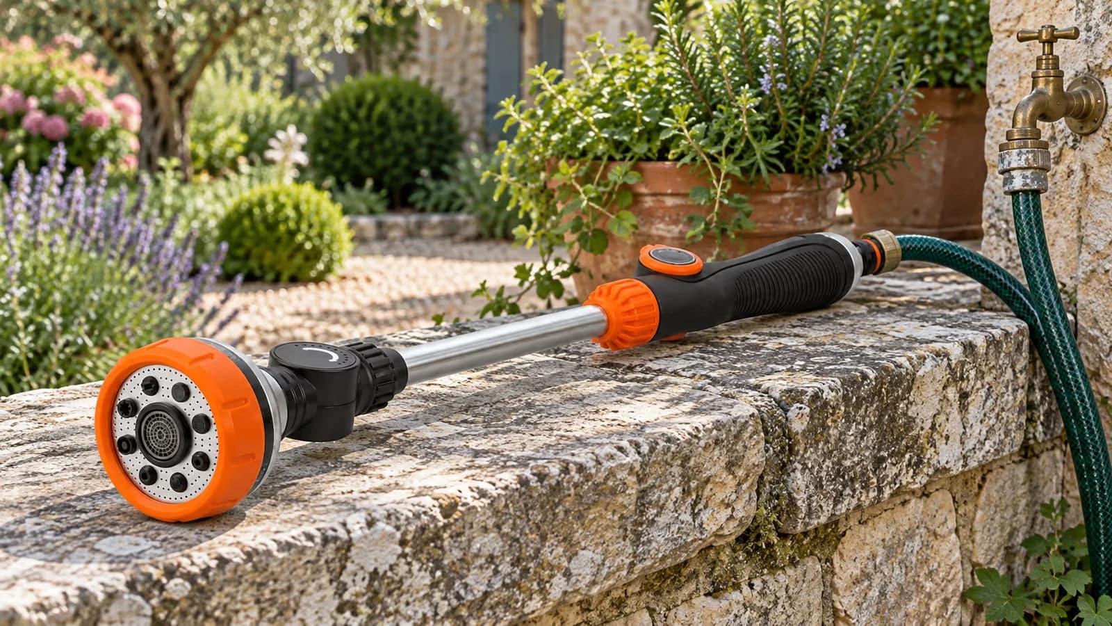 Pistolet d’arrosage 8 modes à tête ronde et poignée orange posé près d’un robinet extérieur, tuyau encore raccordé