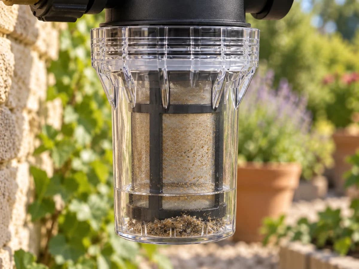 Bocal transparent d'un préfiltre d'arrosage vu de près, mailles du tamis inox partiellement voilées d'un dépôt brun et de quelques grains de sable