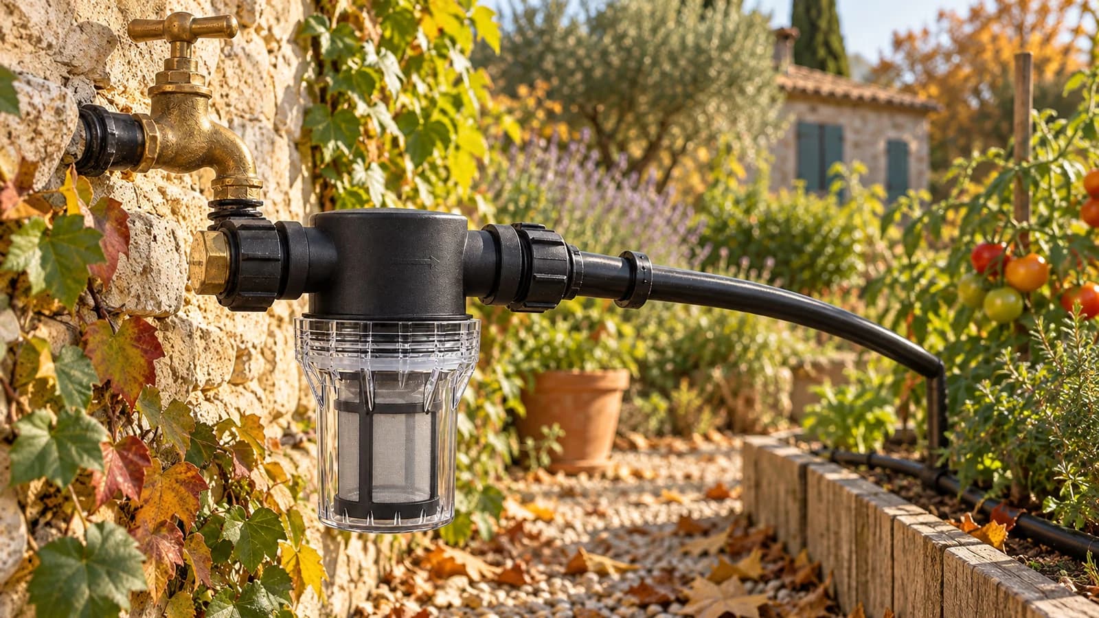 Préfiltre à bocal transparent vissé entre un robinet de jardin et un tuyau de goutte-à-goutte, tamis inox visible sous la coupelle