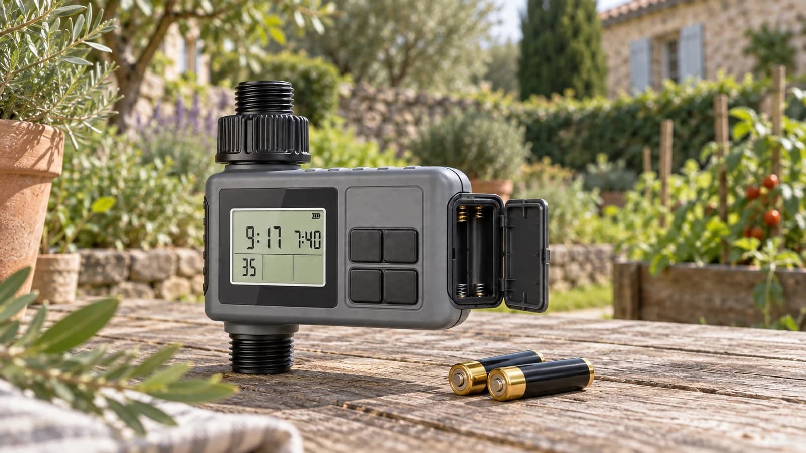 Programmateur d'arrosage à écran LCD posé sur une table de jardin, trappe à piles ouverte et deux piles AA alignées devant