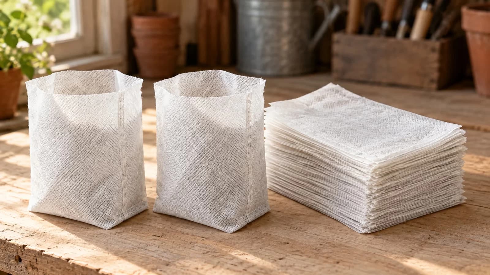 Lot de sachets de semis en textile non tissé blanc grisâtre posé à plat sur un plan de travail en bois, pile entrouverte et deux sachets ouverts côte à côte, lumière du matin