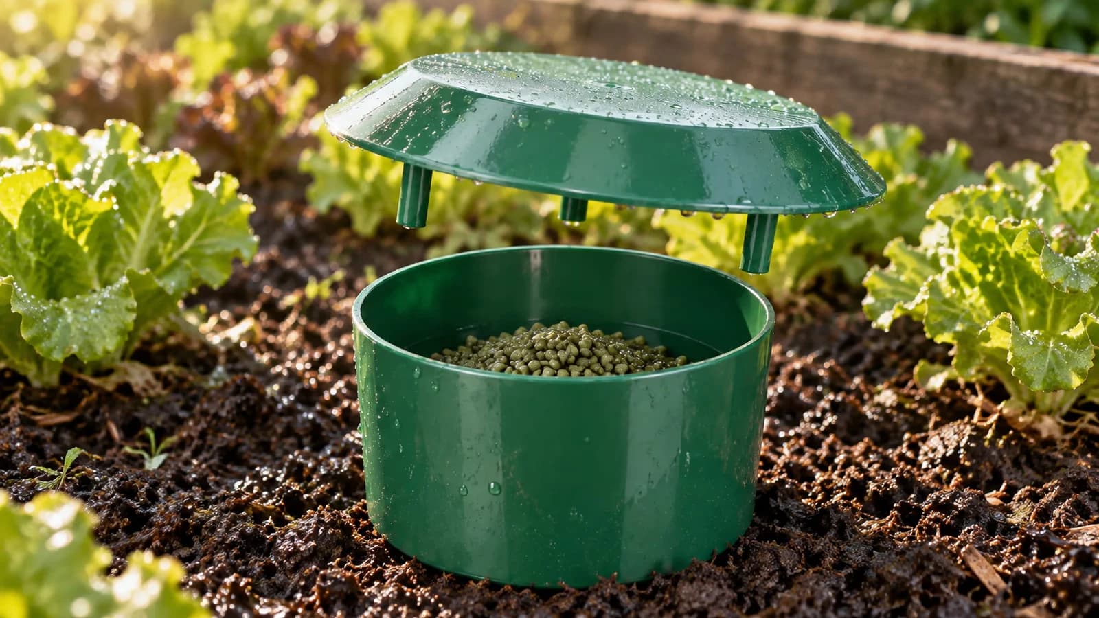 Station d'appâts sur la terre d'un potager, toit conique soulevé au-dessus d'une coupelle garnie, jeunes salades derrière