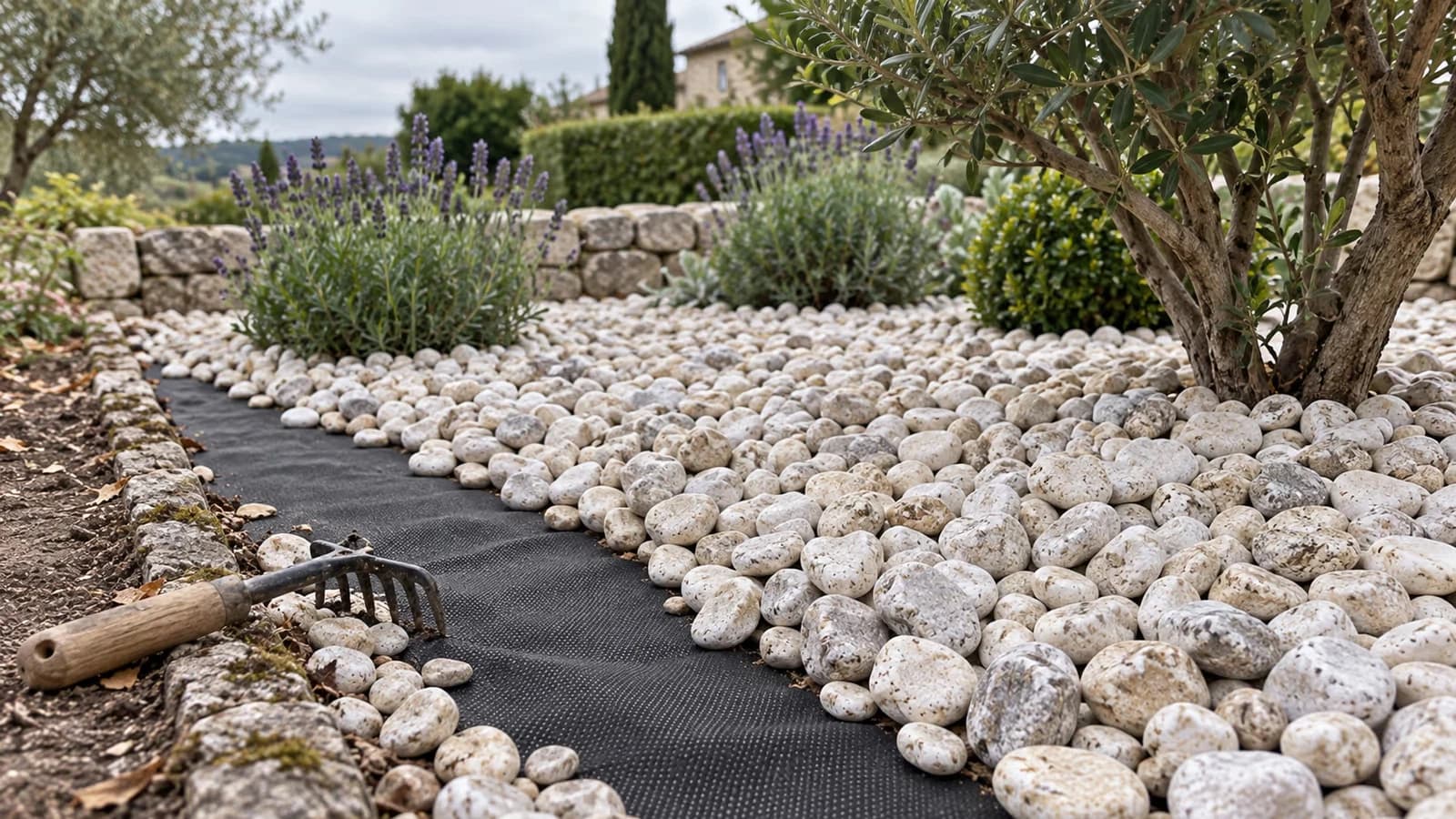 Toile de paillage non tissée noire à aspect feutré couverte de gravier clair, une zone dégarnie le long d'un passage, râteau à main posé à côté