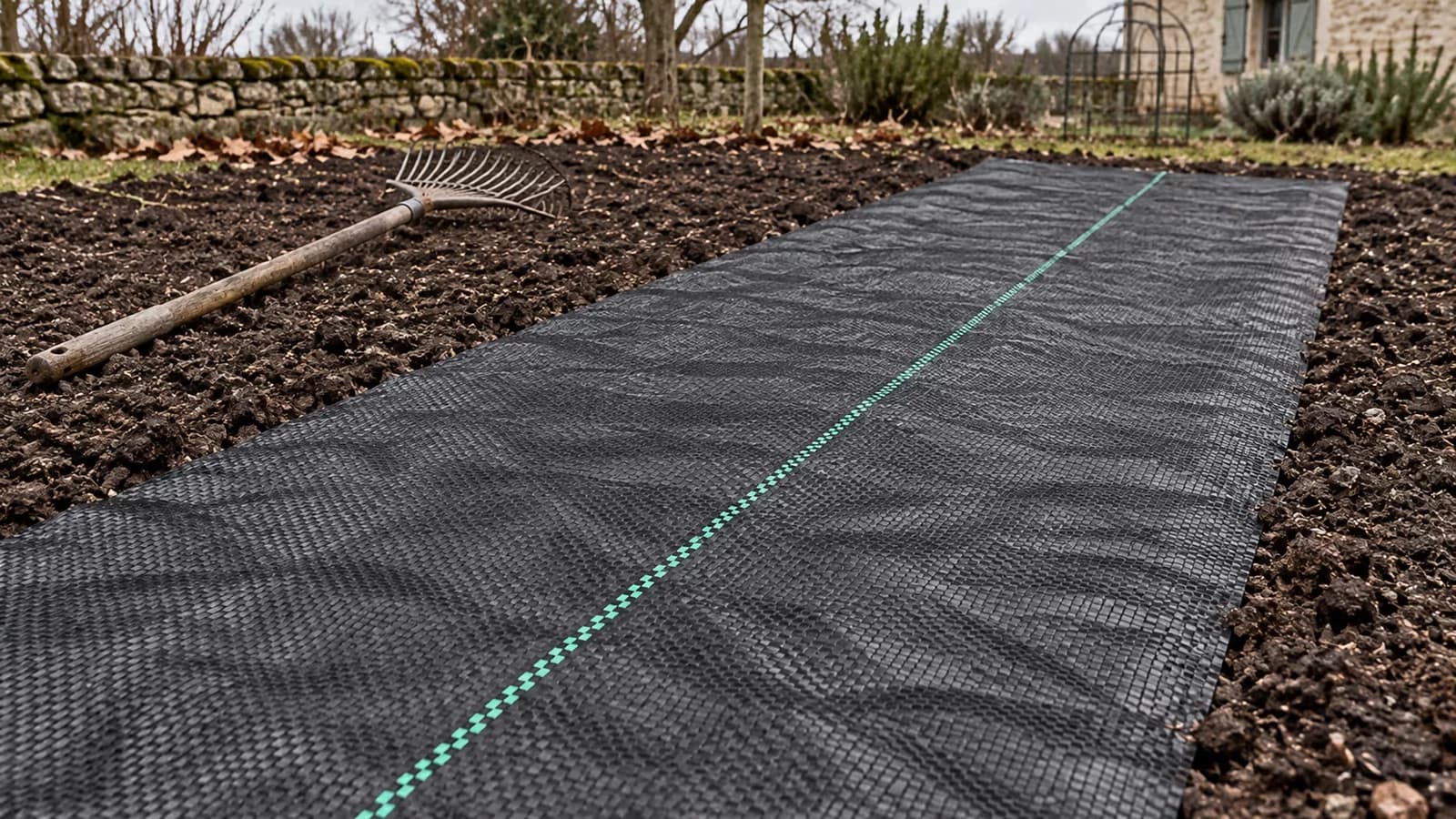 Toile de paillage tissée noire tendue sur un massif, fine ligne de repère claire au centre, râteau posé à l'écart sur une terre ressuyée de fin d'hiver