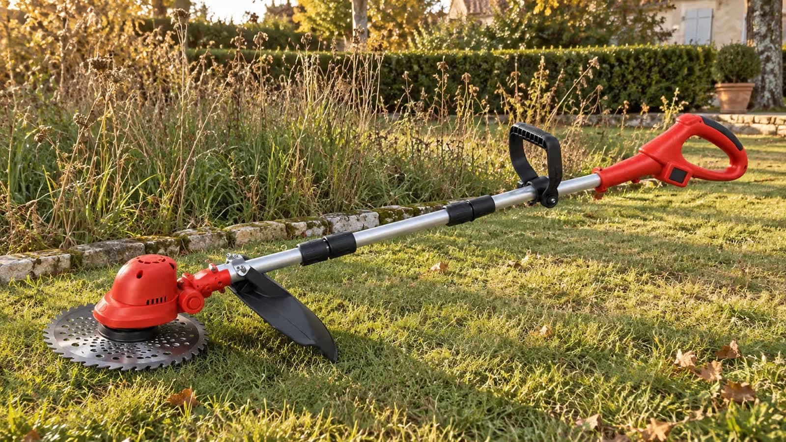 Coupe bordure électrique à lame Jarditips posé au sol devant une bordure d'herbe haute, par une lumière de fin d'après-midi