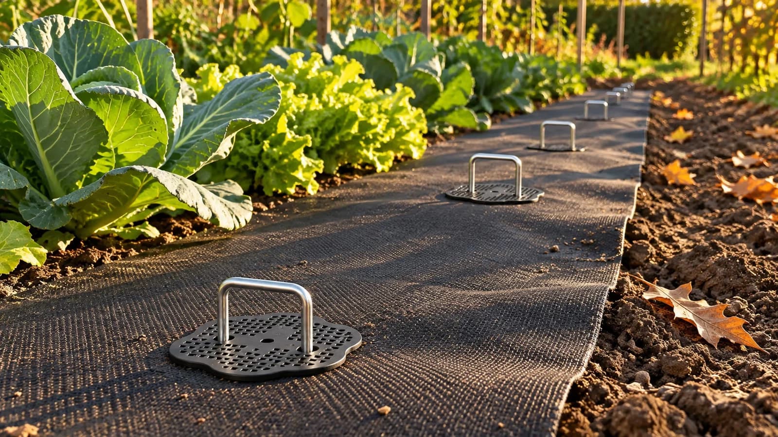 Un rang de potager couvert d'une toile de paillage noire, crampons en U plantés le long du bord, lumière rasante de fin de journée