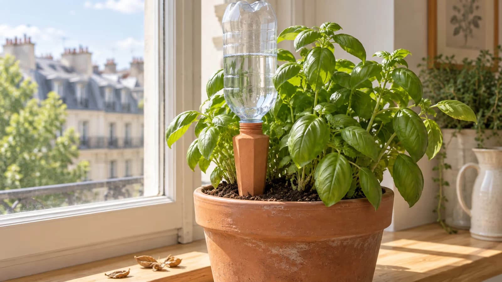 Pique d'arrosage en terre cuite vissée sur une bouteille d'eau, plantée dans un pot de basilic sur un rebord de fenêtre en été