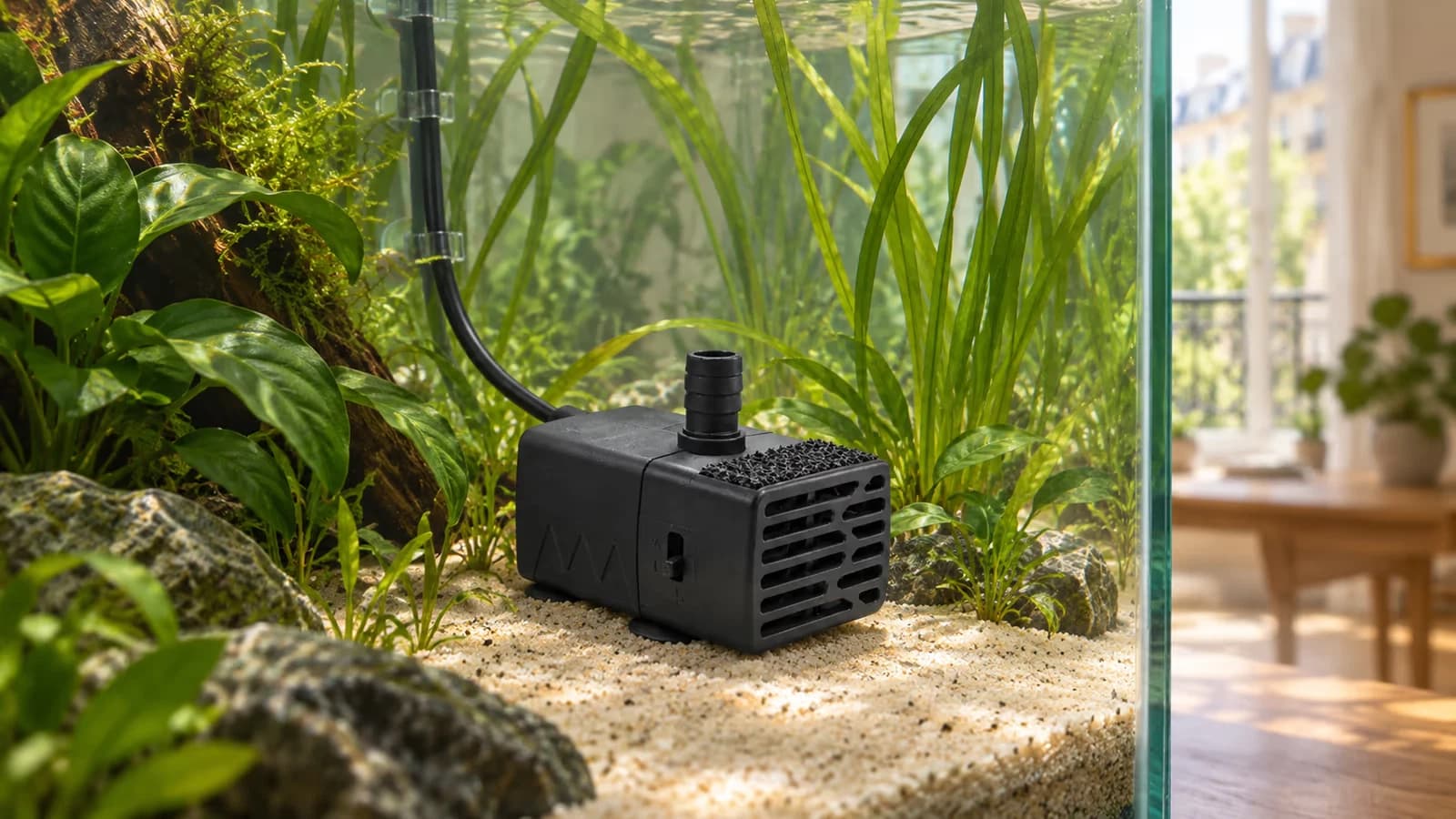 Petite pompe de circulation noire posée sur le sable d'un nano aquarium planté, câble USB remontant le long de la vitre