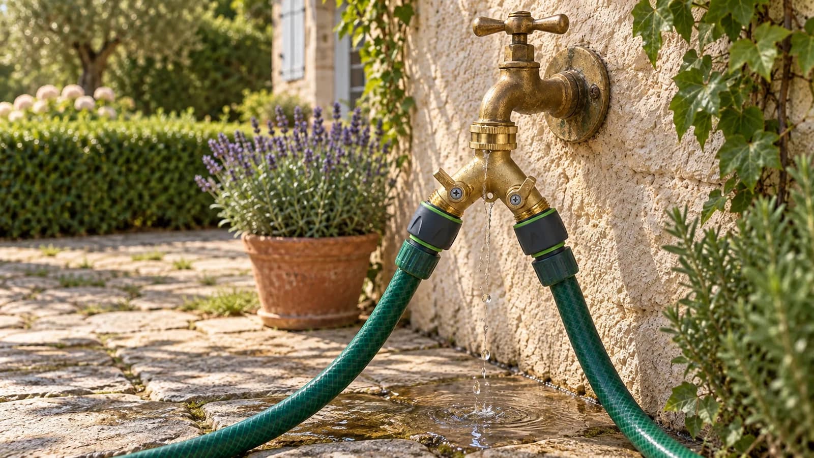Répartiteur en laiton vissé sur un robinet extérieur, une flaque d'eau visible sous le raccord mal serré