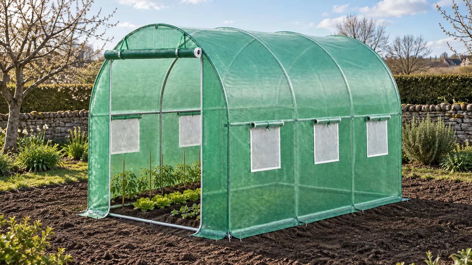 Serre tunnel verte en acier galvanisé installée dans un potager au printemps, porte ouverte sur des rangées de jeunes plants