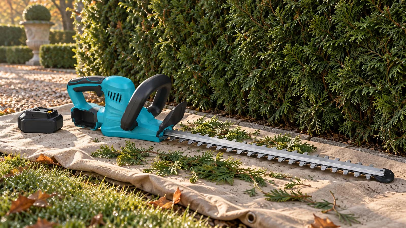 Taille-haie sans fil à longue lame posé sur une bâche au pied d'une haie de thuyas, batterie décrochée posée à côté, matin d'automne