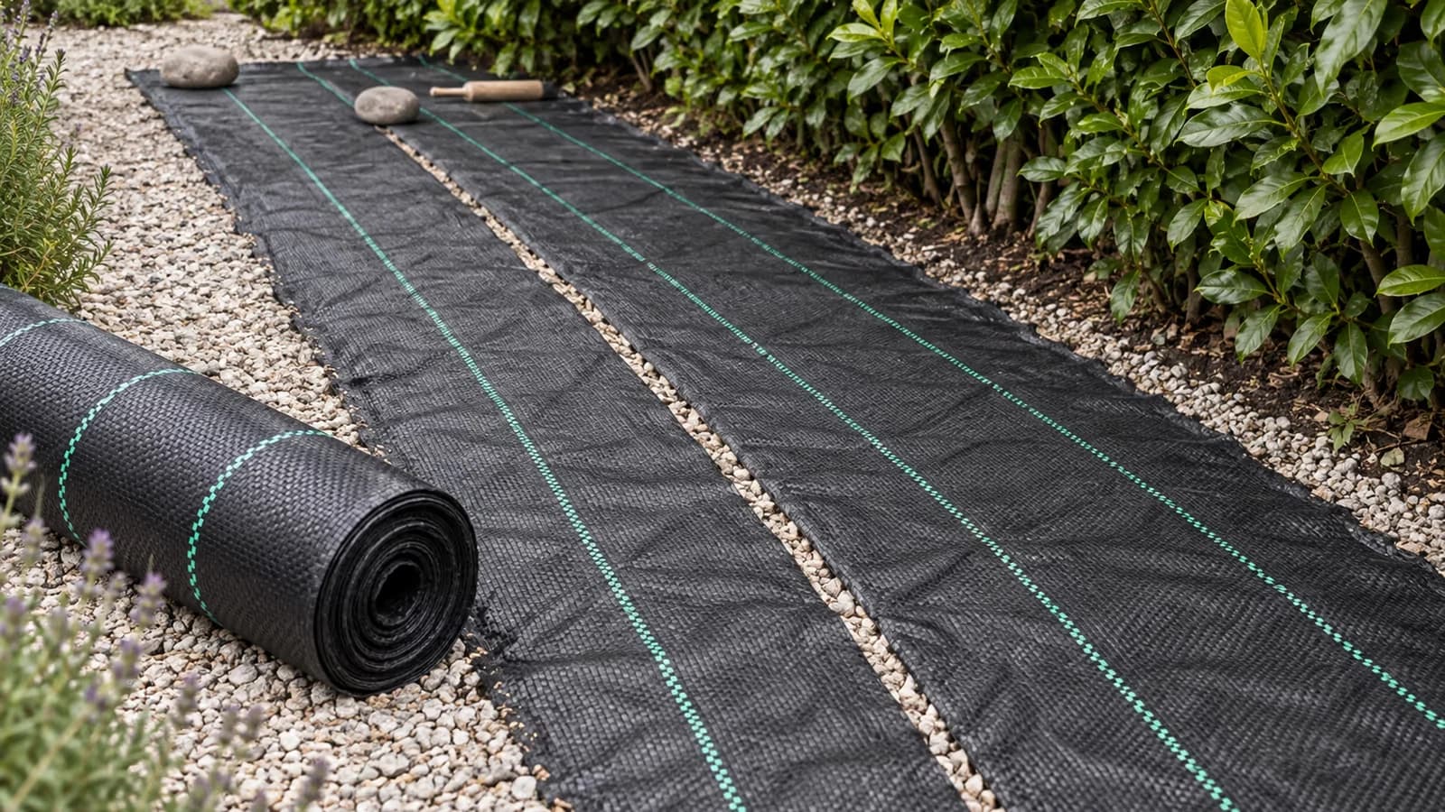 Rouleau de toile de paillage tissée noire déroulé sur une allée de gravier clair au pied d'une haie, bords maintenus par des pierres