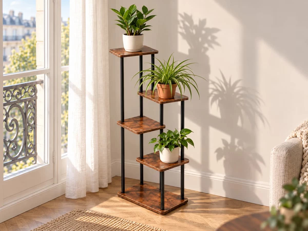 Étagère à plantes en escalier près d'une fenêtre, petits pots espacés et ombres distinctes sur un mur clair