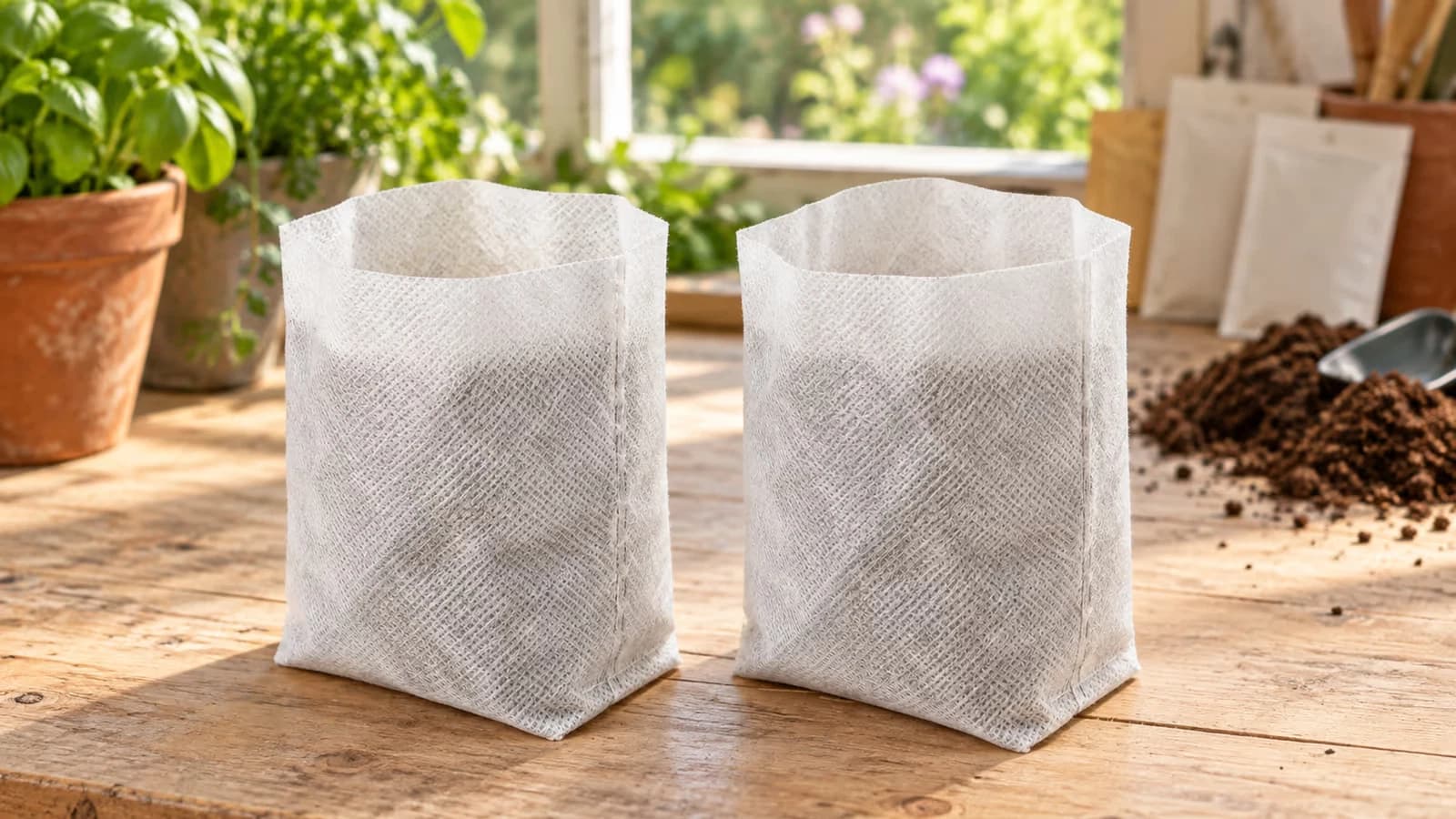 Deux sachets de plantation en textile non tissé posés côte à côte sur un plan de travail en bois clair, l'un cousu, l'autre sorti d'un lot