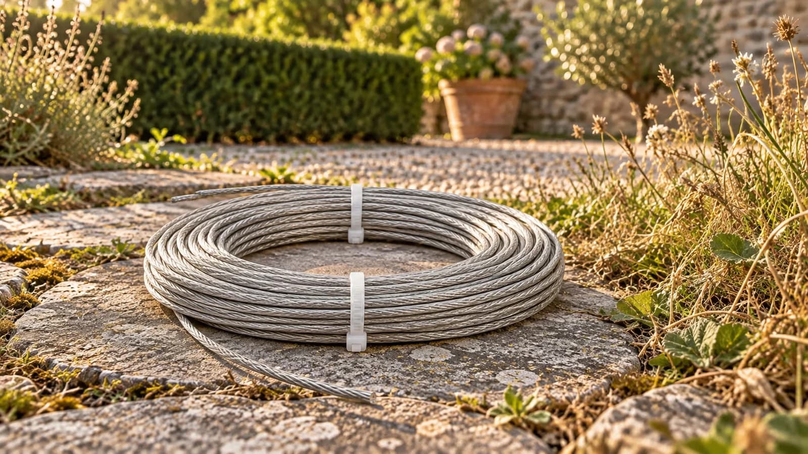 Bobine de fil d'acier pour débroussailleuse posée sur une allée de dalles, près d'une touffe d'herbe sèche