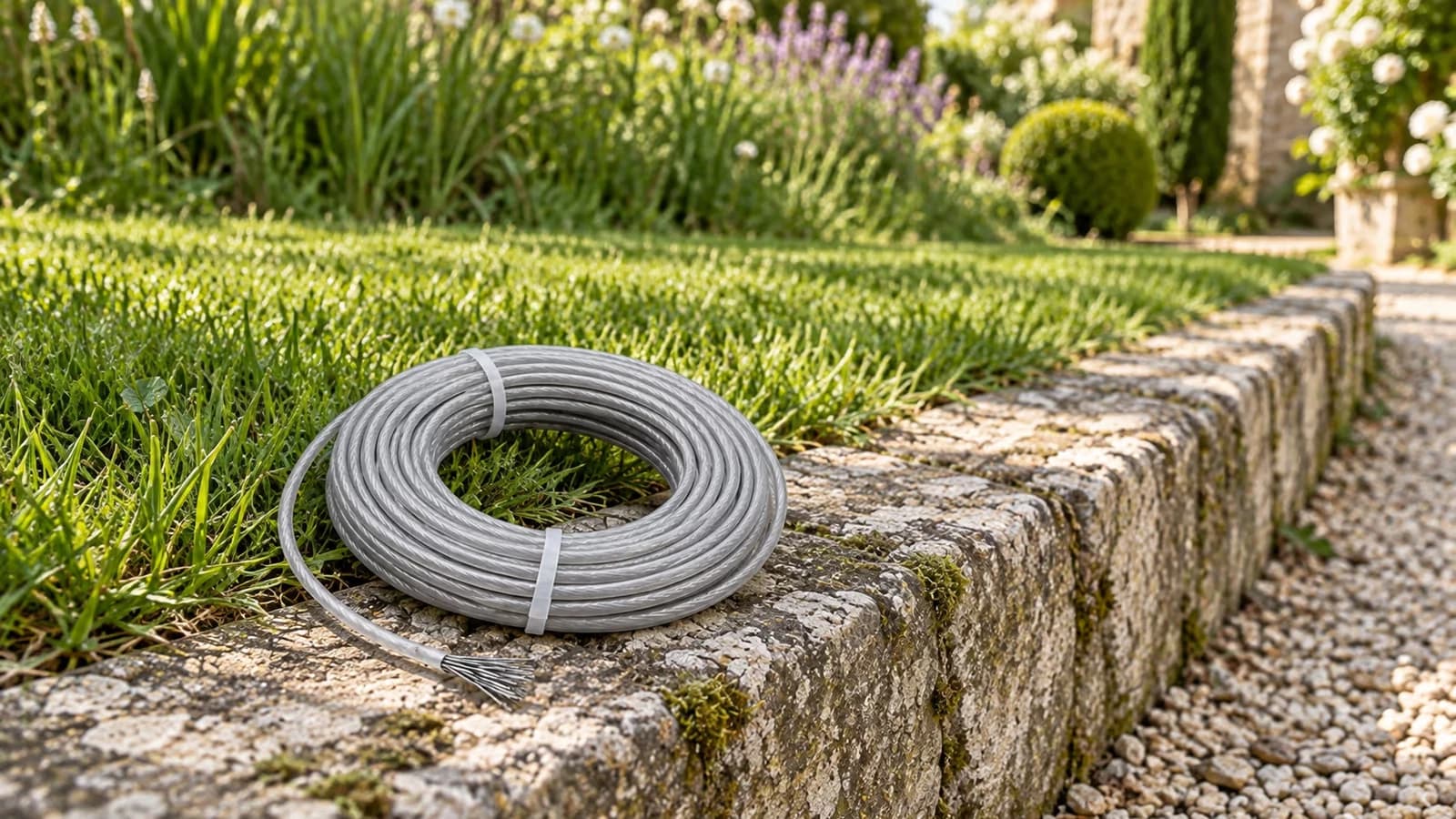 Bobine de fil de coupe gris clair posée sur une bordure de pelouse au printemps, herbe haute en arrière-plan