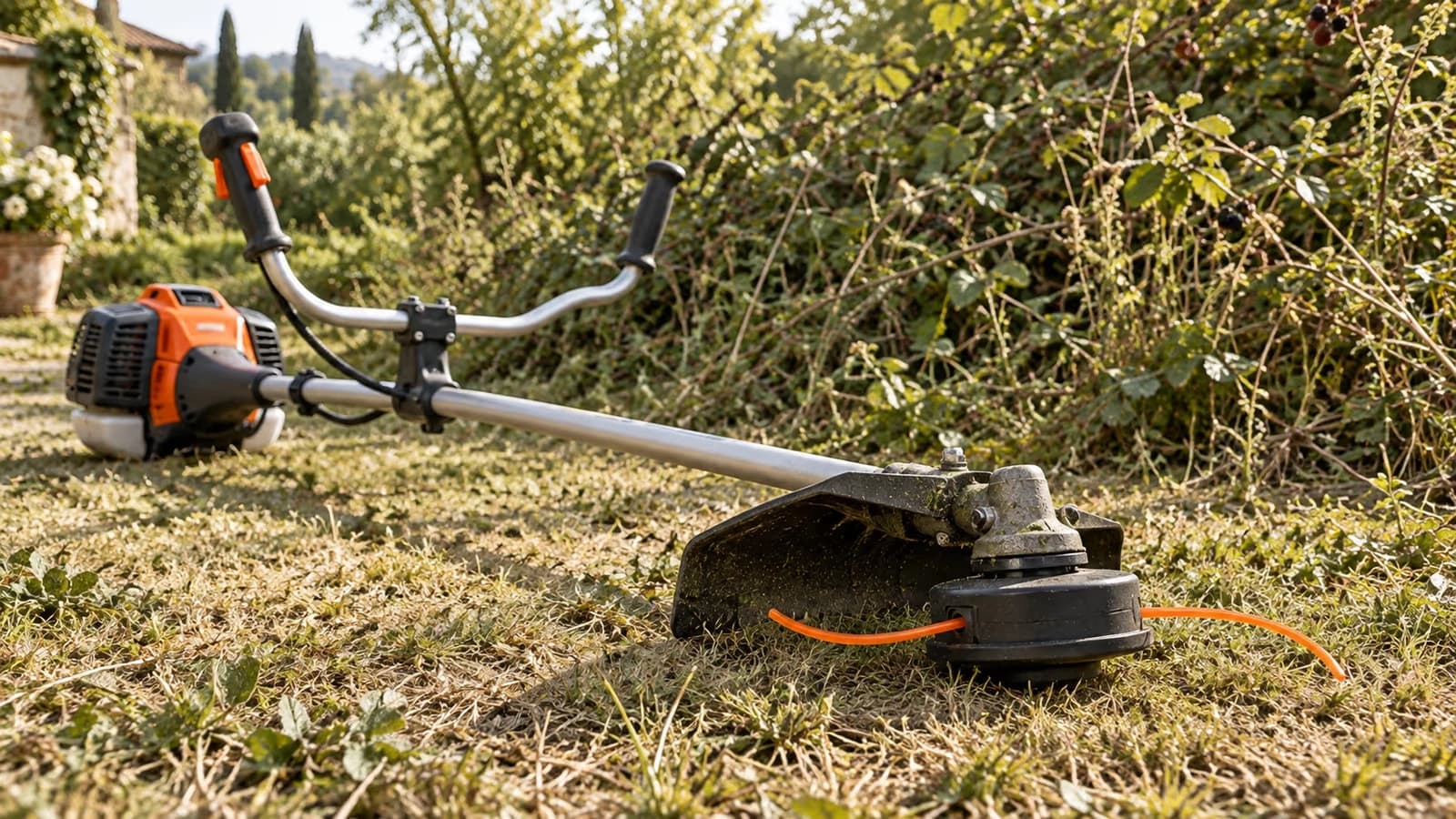 Débroussailleuse posée au sol devant une friche de ronces, un fil de coupe orange sortant de la tête de coupe