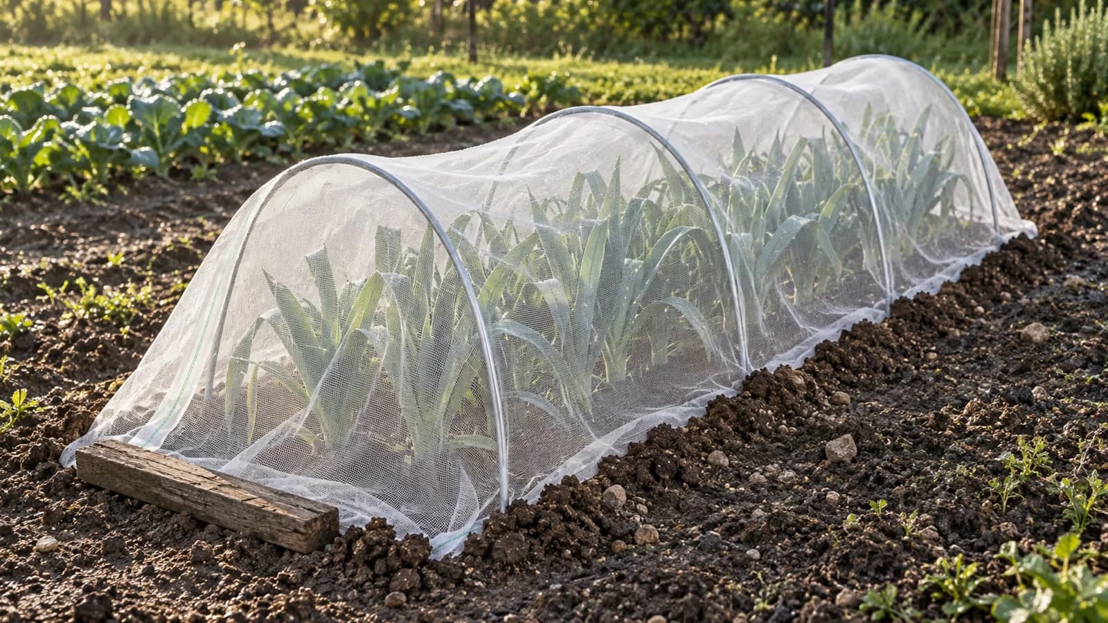 Tunnel de filet anti insecte blanc tendu sur des arceaux bas au-dessus d'un rang de poireaux, potager français au petit matin