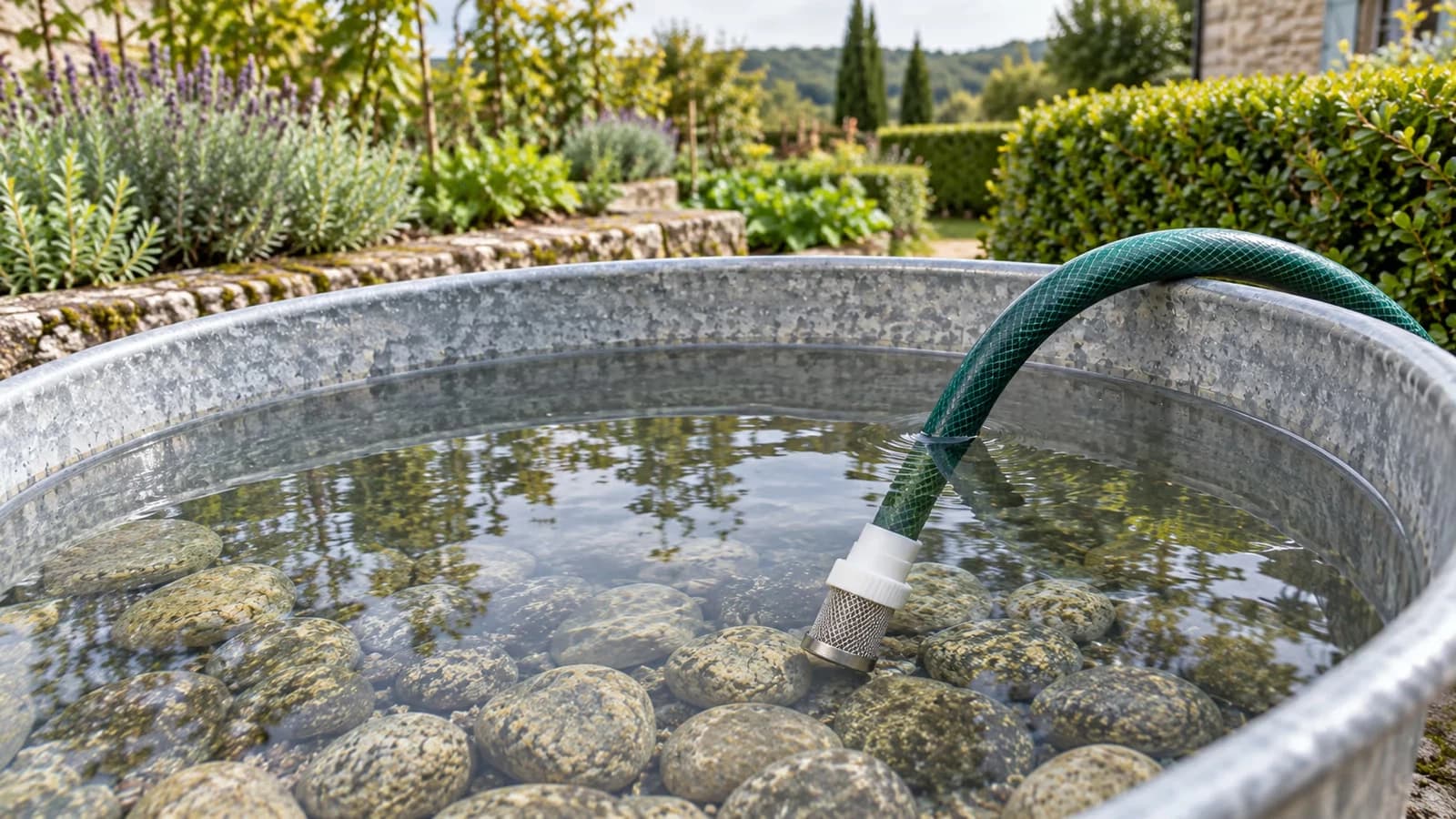 Crépine à tamis inox au bout d'un tuyau souple d'arrosage, cage de 24 mm plongée dans l'eau claire d'une bassine