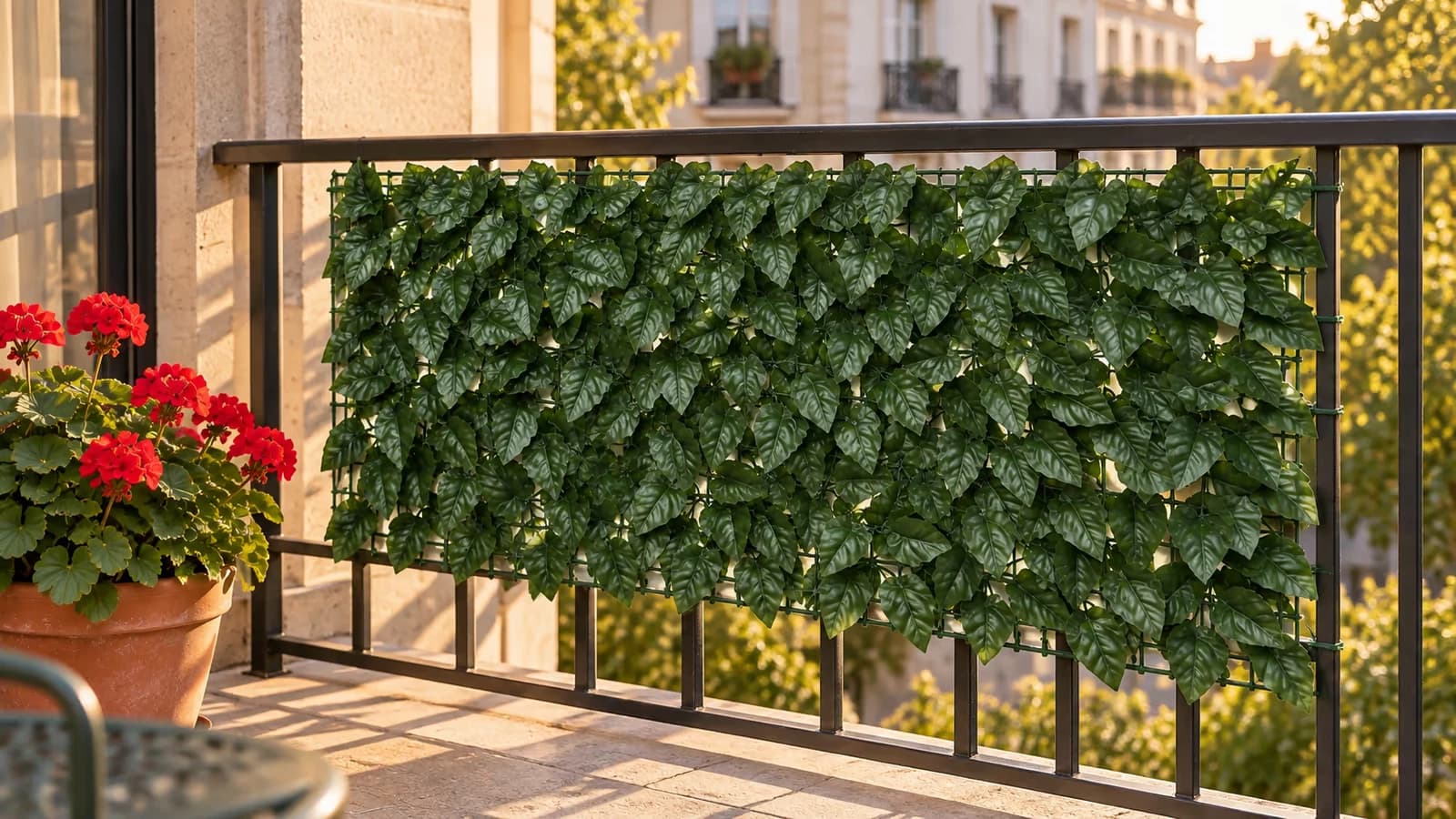 Panneau de feuillage artificiel vert foncé fixé sur le garde-corps d'un balcon urbain, lumière d'après-midi