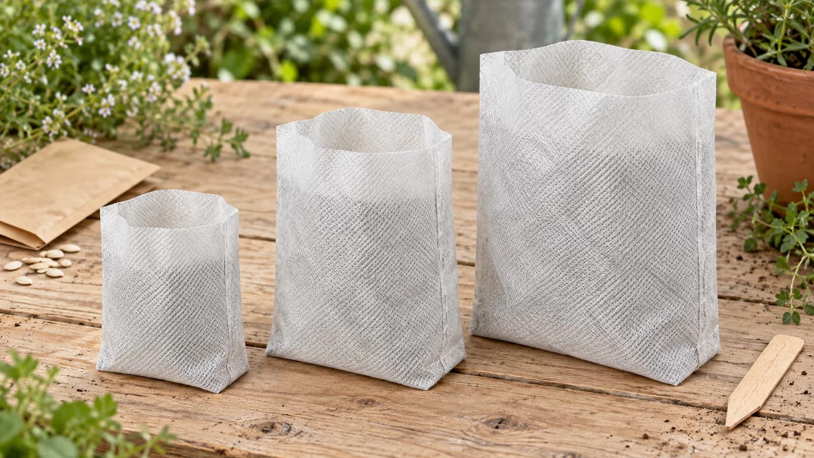 Plusieurs formats de sacs de semis en textile non tissé alignés côte à côte sur un plan de travail bois clair
