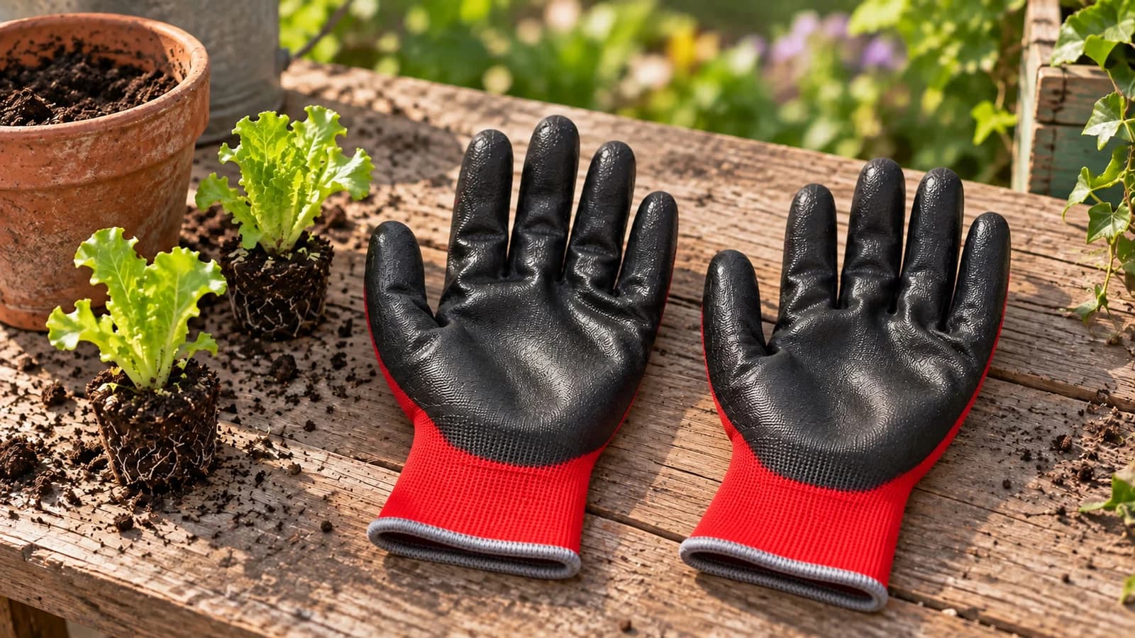 Paire de gants de jardinage noirs à paume enduite déposée en éventail sur une table de rempotage en bois, à côté d'un pot en terre cuite et de jeunes plants de salades