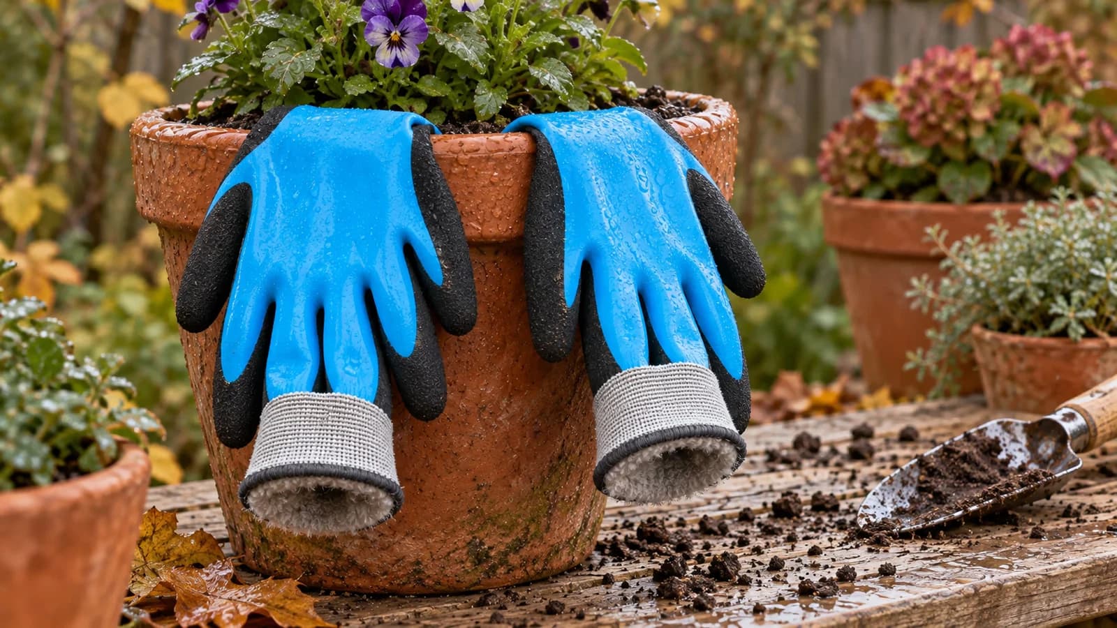 Paire de gants de jardinage bleus enduits posés sur un pot en terre cuite mouillé par la pluie sur une table de rempotage en bois