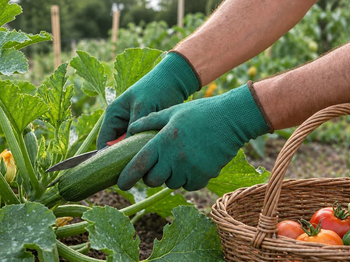 Mains gantees en nitrile vert cueillant des courgettes dans un potager d'ete au lever du soleil