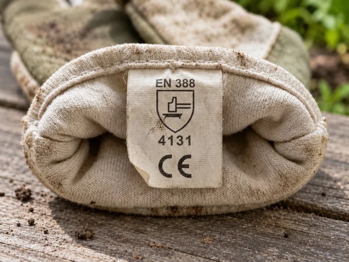 Etiquette interieure d'un gant de jardinage avec pictogramme EN 388 et notation 4131 visible
