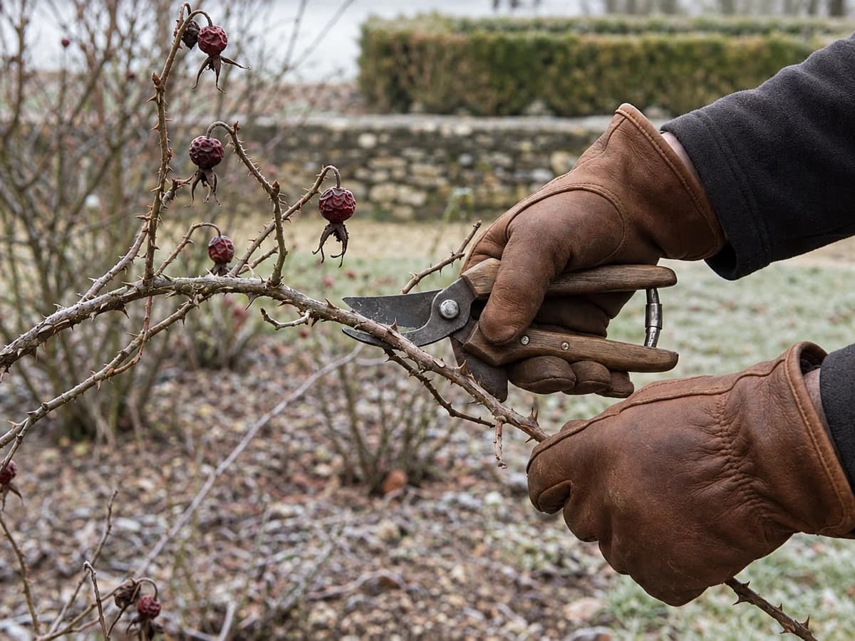 Mains gantees en cuir vachette taillant un rosier au secateur en plein hiver