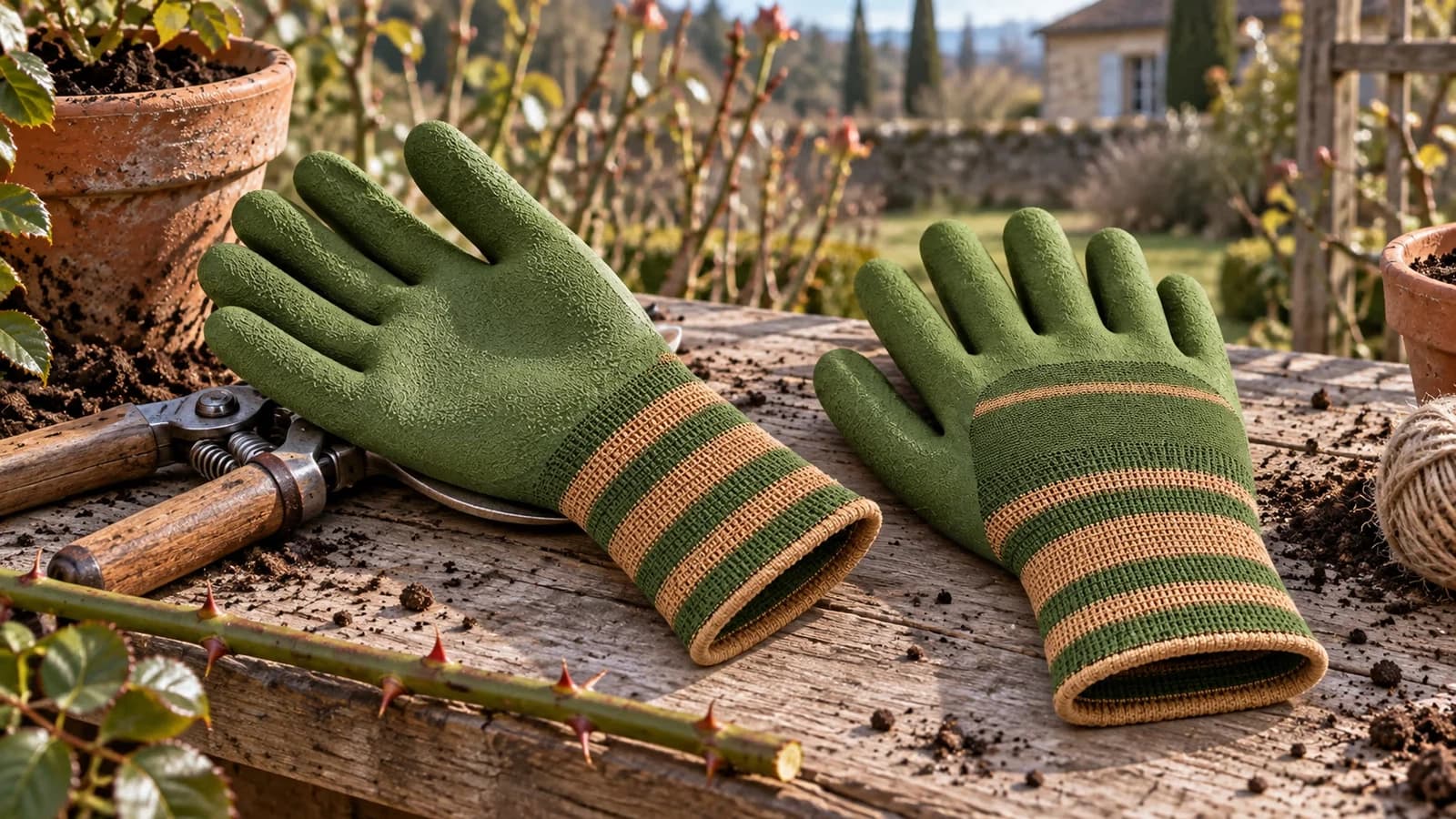 Paire de gants de jardinage verts à paume grenue posés sur un sécateur, à côté d'une branche de rosier taillée en fin d'hiver sur une table en bois