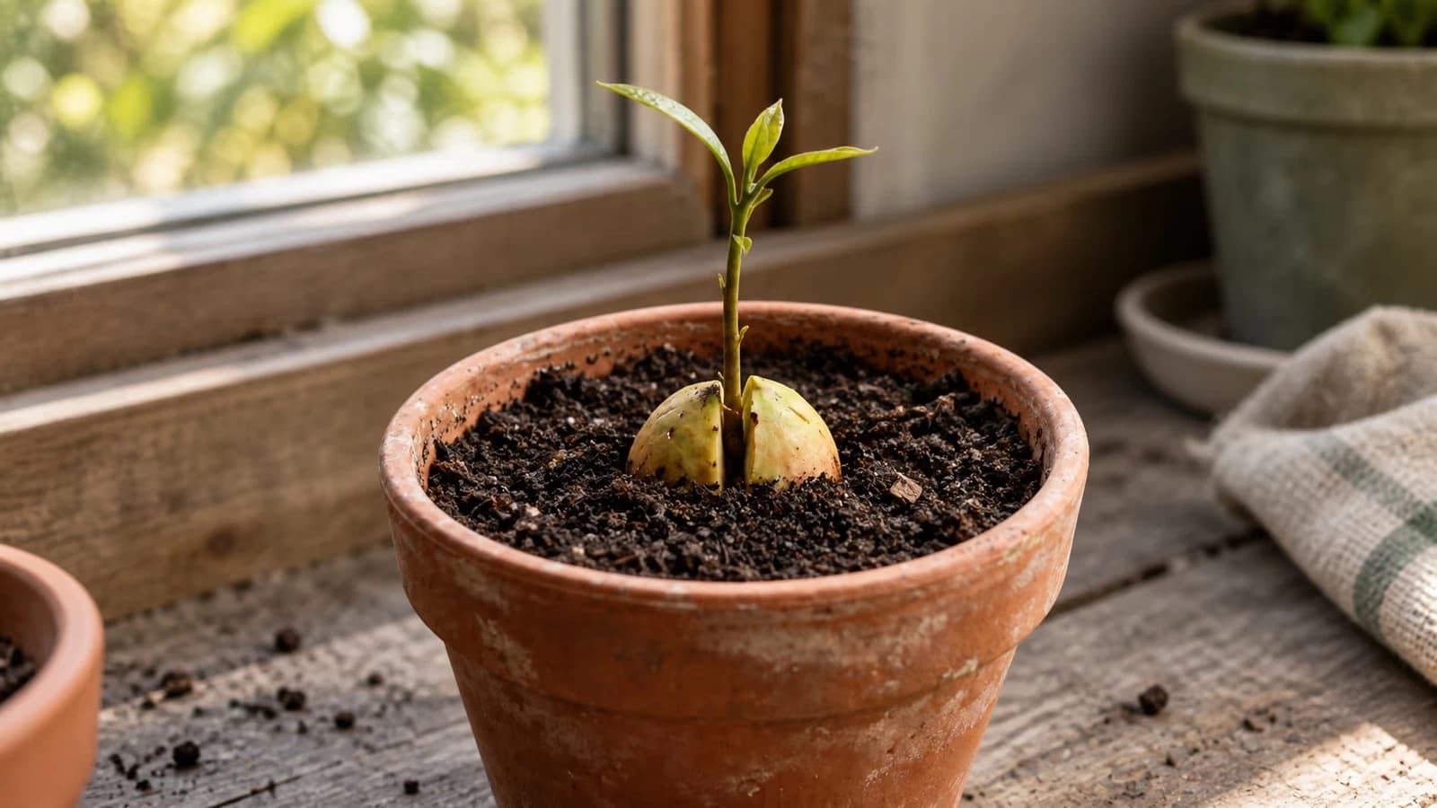 Noyau d'avocat en germination posé dans un pot de terreau humide, jeune racine pivot blanche visible et tige verte naissante