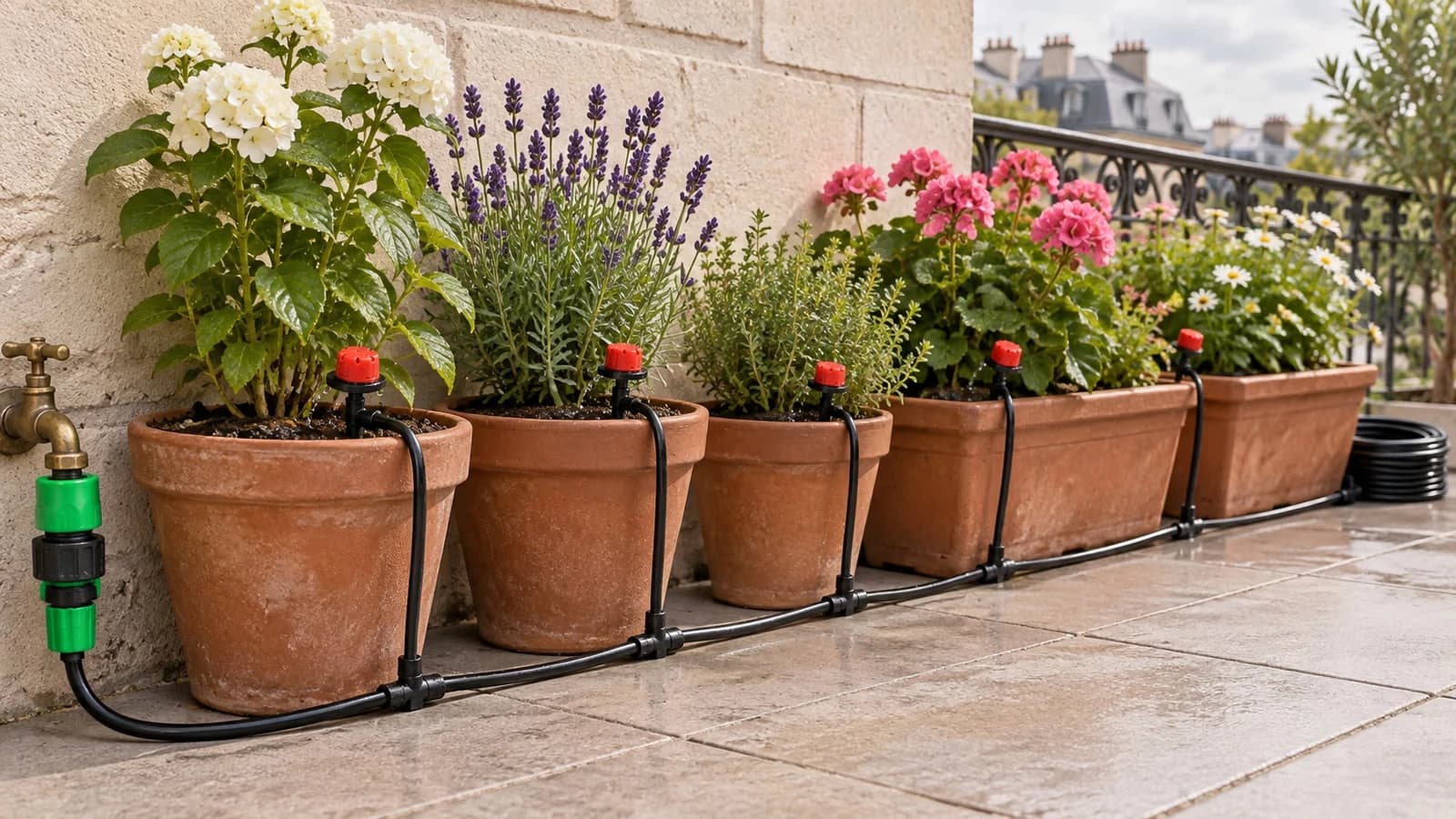 Réseau de micro-irrigation noir reliant des pots et jardinières fleuris sur une terrasse lumineuse