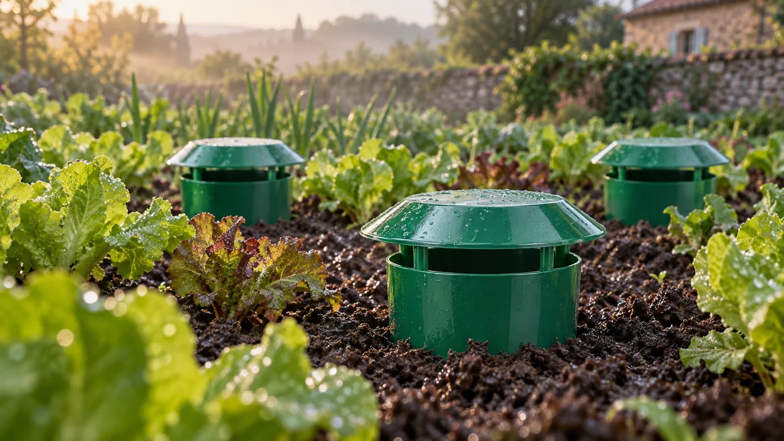 Coupelles vertes à toit conique posées entre des jeunes salades en pleine terre, au petit matin, terre humide
