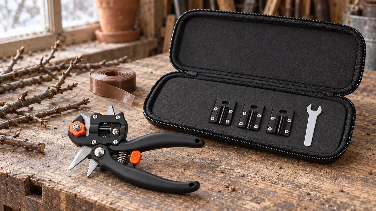 Sécateur de greffage ouvert sur un établi de bois, tête à lame profilée et molette orange, coffret noir ouvert avec ses trois lames de rechange et sa clé plate