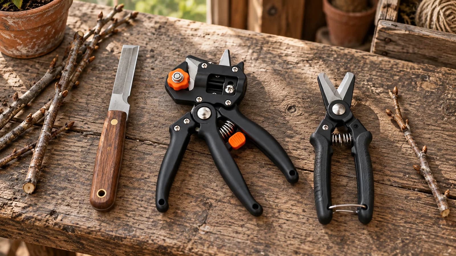 Trois outils de greffage posés côte à côte sur un établi : greffoir à lame plate, sécateur à tête profilée avec molette orange, pince à entaille en V